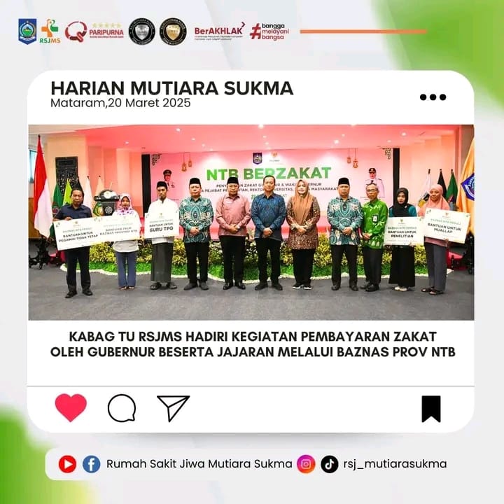 KABAG TU RSJMS HADIRI KEGIATAN PEMBAYARAN ZAKAT OLEH GUBERNUR BESERTA JAJARAN MELALUI BAZNAS PROV NTB